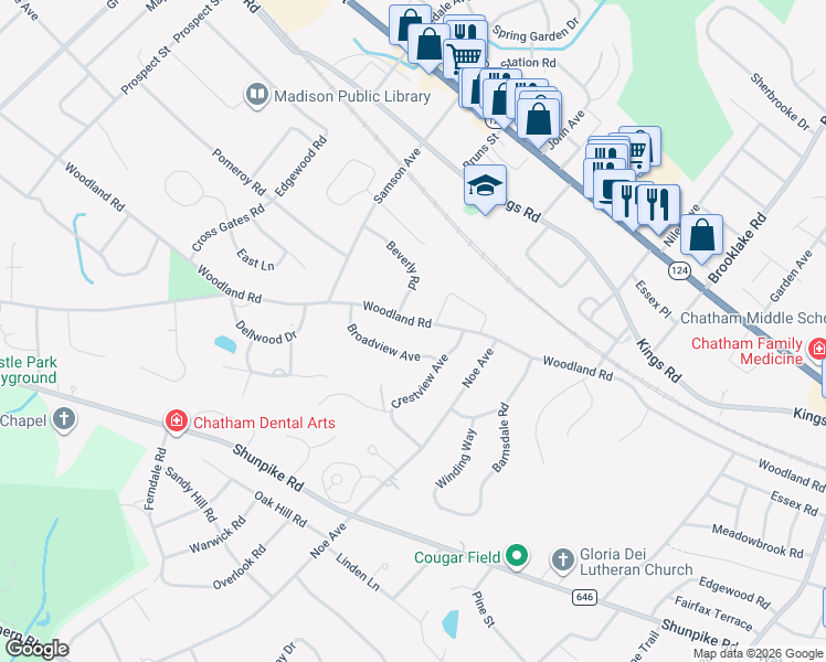 map of restaurants, bars, coffee shops, grocery stores, and more near 90 Woodland Road in Madison