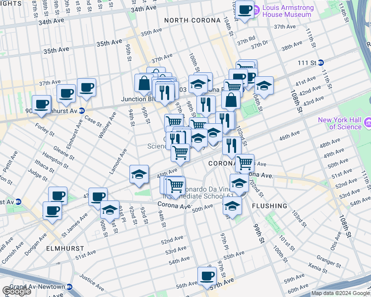 map of restaurants, bars, coffee shops, grocery stores, and more near 96-17 43rd Avenue in Queens