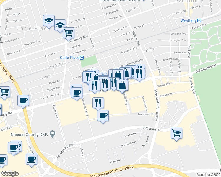 map of restaurants, bars, coffee shops, grocery stores, and more near 3 West Owen Street in Westbury
