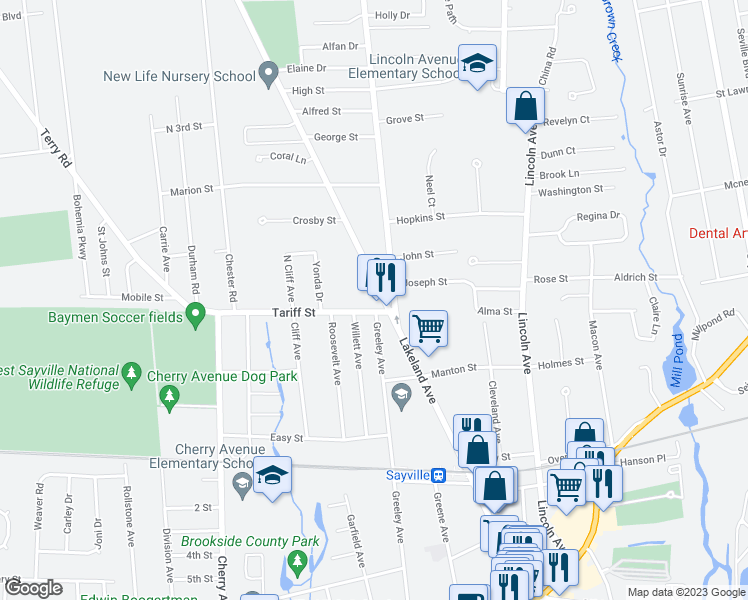 map of restaurants, bars, coffee shops, grocery stores, and more near 160 Lakeland Avenue in Sayville
