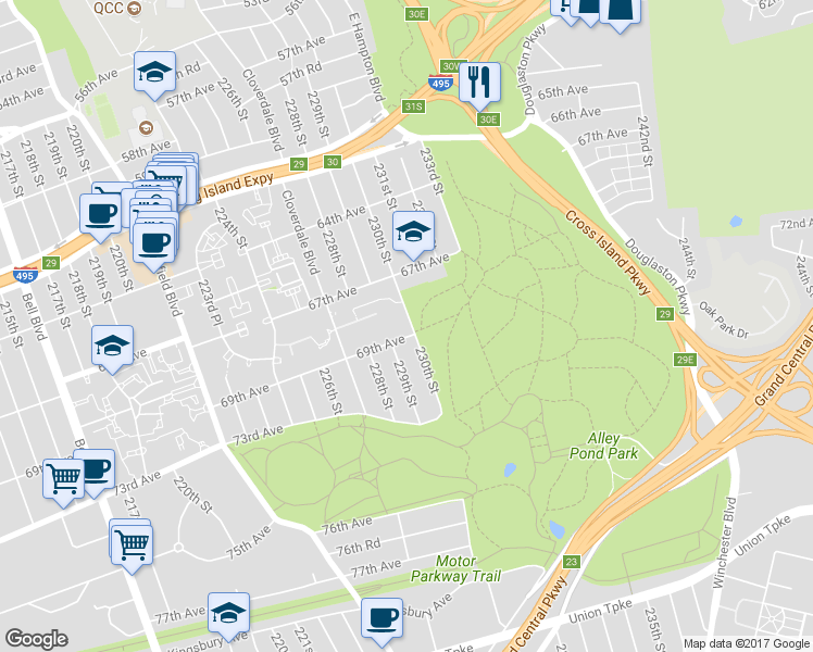 map of restaurants, bars, coffee shops, grocery stores, and more near 67-70 230th Street in Queens