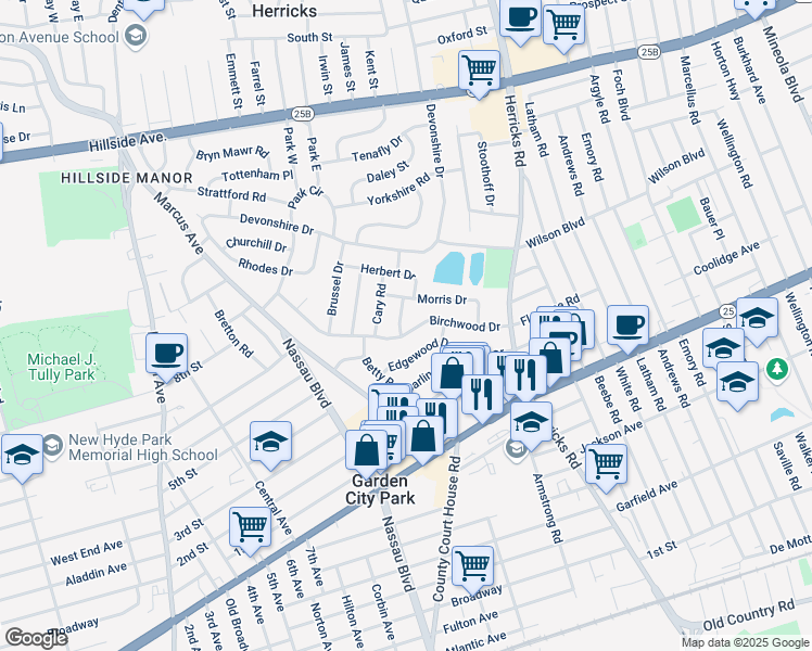 map of restaurants, bars, coffee shops, grocery stores, and more near 58 Birchwood Drive in New Hyde Park