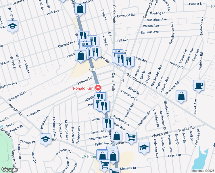 map of restaurants, bars, coffee shops, grocery stores, and more near 536 Beech Street in North Babylon