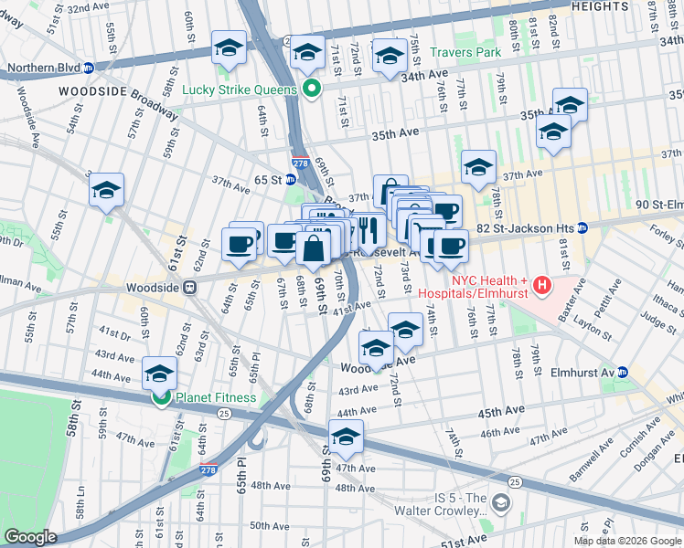 map of restaurants, bars, coffee shops, grocery stores, and more near 40-15 70th Street in Queens