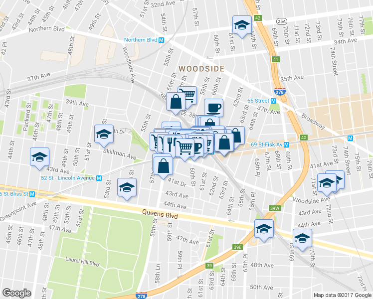 map of restaurants, bars, coffee shops, grocery stores, and more near 39-57 59th Street in Queens