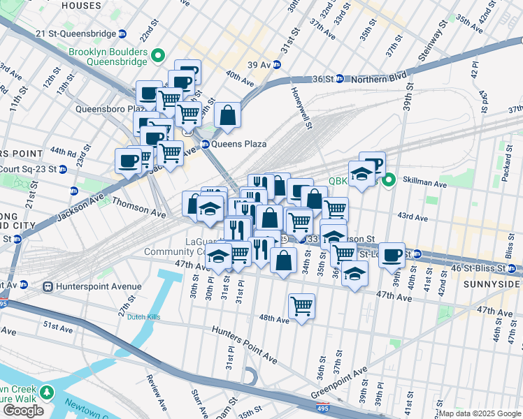 map of restaurants, bars, coffee shops, grocery stores, and more near 43-10 Van Dam Street in Queens