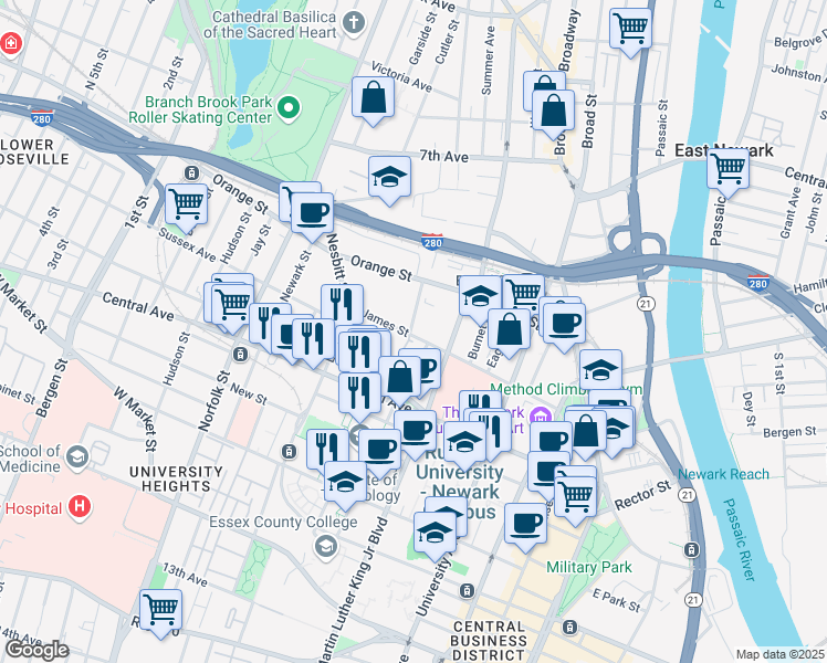 map of restaurants, bars, coffee shops, grocery stores, and more near 131 James Street in Newark