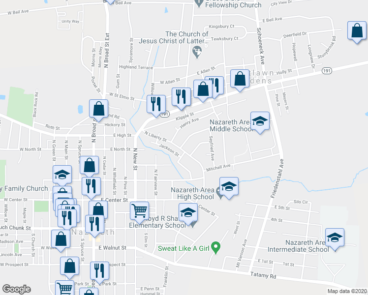 map of restaurants, bars, coffee shops, grocery stores, and more near 176 North Liberty Street in Nazareth