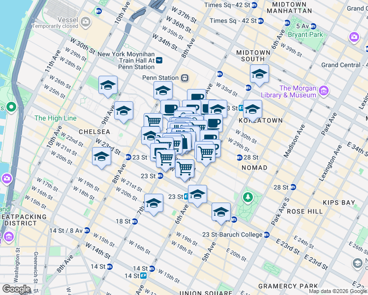 map of restaurants, bars, coffee shops, grocery stores, and more near 165-167 West 26th Street in New York