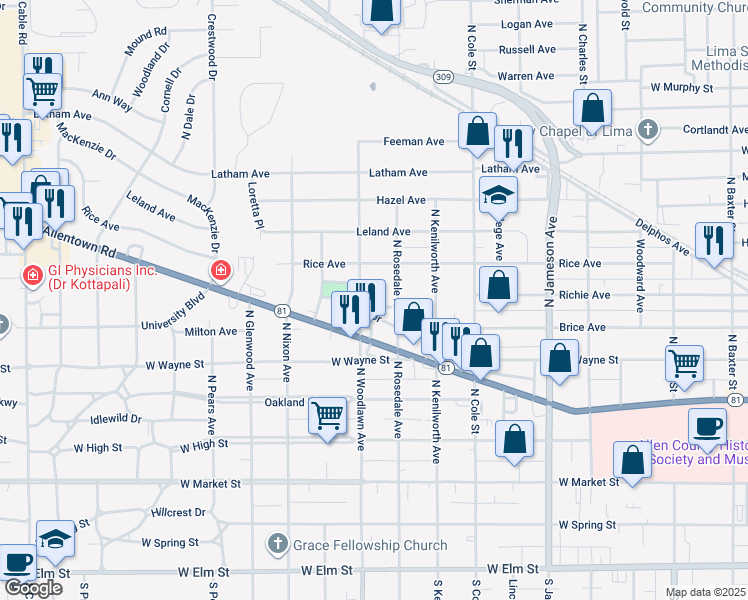 map of restaurants, bars, coffee shops, grocery stores, and more near 1440 Woodrow Drive in Lima
