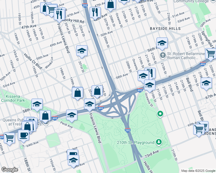 map of restaurants, bars, coffee shops, grocery stores, and more near 5820 Clearview Expressway Service Road in Queens