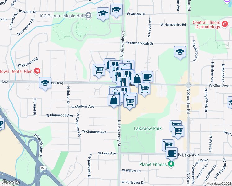map of restaurants, bars, coffee shops, grocery stores, and more near 4811 North University Street in Peoria