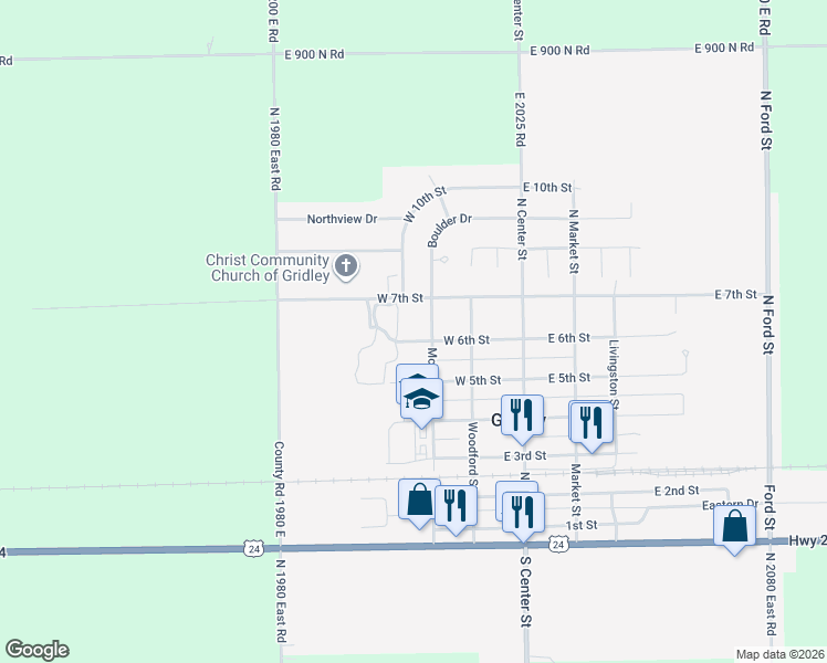 map of restaurants, bars, coffee shops, grocery stores, and more near 306 W 6th St in Gridley