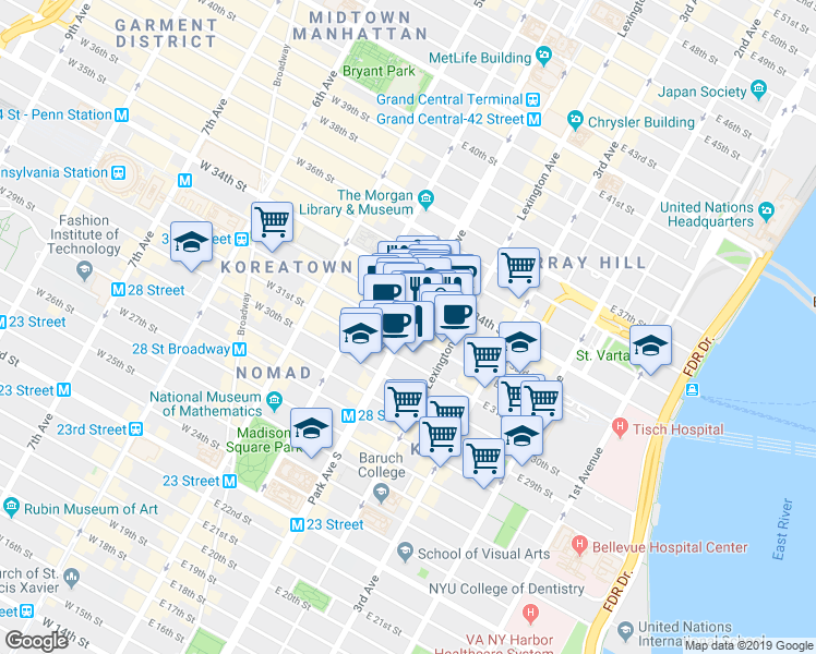 map of restaurants, bars, coffee shops, grocery stores, and more near 139 Park Avenue in New York
