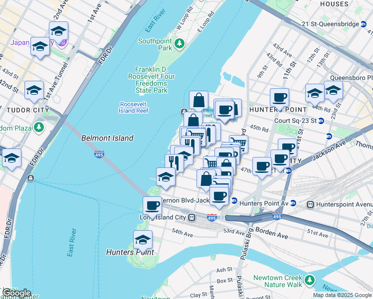 map of restaurants, bars, coffee shops, grocery stores, and more near 4720 Center Boulevard in Queens