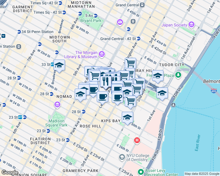 map of restaurants, bars, coffee shops, grocery stores, and more near 225 Lexington Avenue in New York