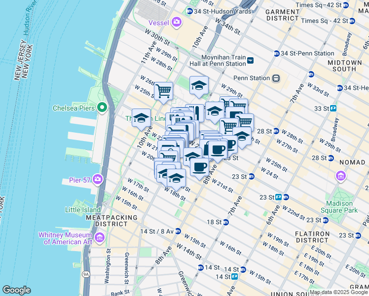 map of restaurants, bars, coffee shops, grocery stores, and more near 202 9th Avenue in New York