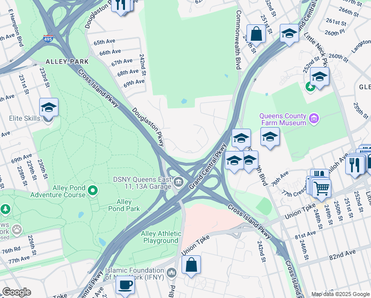 map of restaurants, bars, coffee shops, grocery stores, and more near 29 Oak Park Drive in Queens