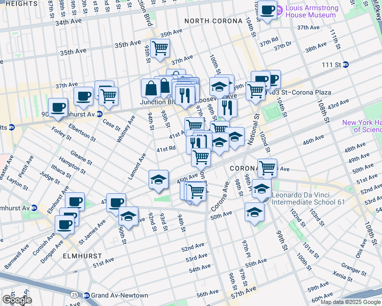 map of restaurants, bars, coffee shops, grocery stores, and more near 95-18 42nd Avenue in Queens