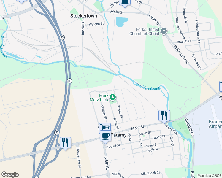 map of restaurants, bars, coffee shops, grocery stores, and more near 615 Chief Tatamy Street in Easton