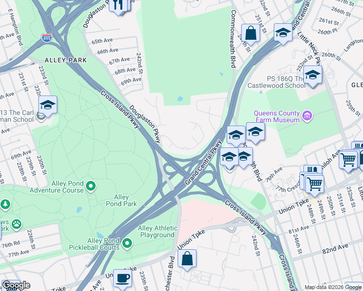 map of restaurants, bars, coffee shops, grocery stores, and more near 240-46A Oak Park Drive in Queens