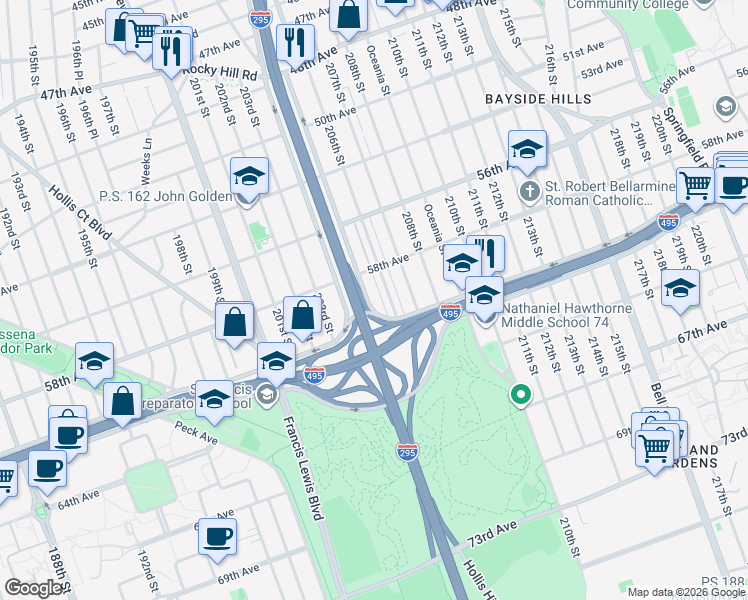 map of restaurants, bars, coffee shops, grocery stores, and more near 58-33 Clearview Expressway in Queens