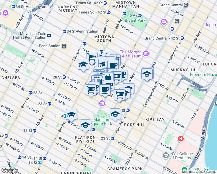 map of restaurants, bars, coffee shops, grocery stores, and more near 276 5th Avenue in New York