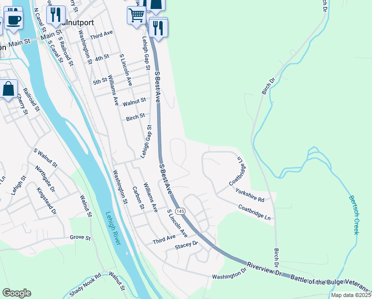 map of restaurants, bars, coffee shops, grocery stores, and more near 16 View Drive in Walnutport