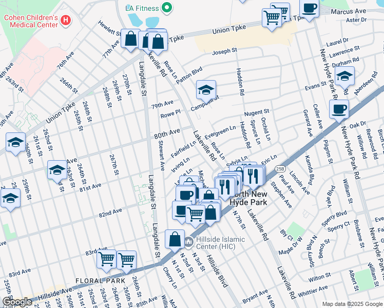 map of restaurants, bars, coffee shops, grocery stores, and more near 5 Irving Lane in New Hyde Park