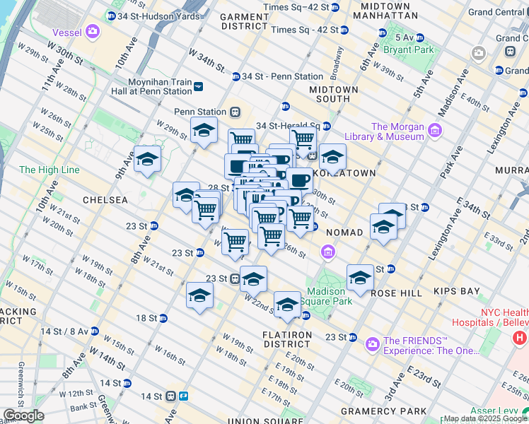 map of restaurants, bars, coffee shops, grocery stores, and more near 115 West 27th Street in New York