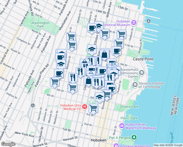 map of restaurants, bars, coffee shops, grocery stores, and more near 712 Willow Avenue in Hoboken