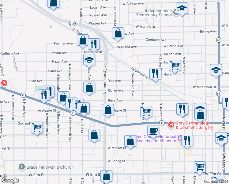 map of restaurants, bars, coffee shops, grocery stores, and more near 531 North Charles Street in Lima
