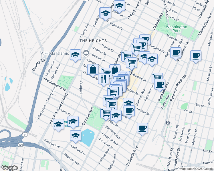 map of restaurants, bars, coffee shops, grocery stores, and more near 47 Zabriskie Street in Jersey City