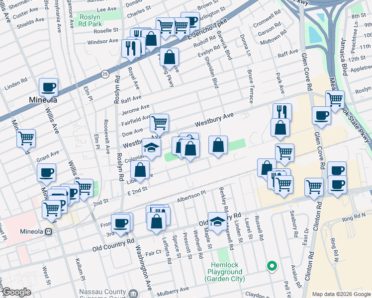 map of restaurants, bars, coffee shops, grocery stores, and more near 120 Union Street in Mineola