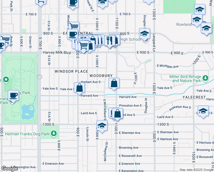 map of restaurants, bars, coffee shops, grocery stores, and more near 1041 Yale Avenue South in Salt Lake City