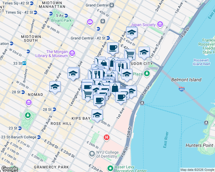 map of restaurants, bars, coffee shops, grocery stores, and more near 649 2nd Avenue in New York