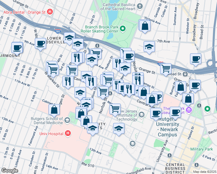 map of restaurants, bars, coffee shops, grocery stores, and more near 309 Central Avenue in Newark