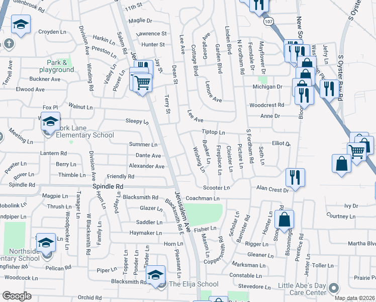 map of restaurants, bars, coffee shops, grocery stores, and more near 162 Scooter Lane in Hicksville