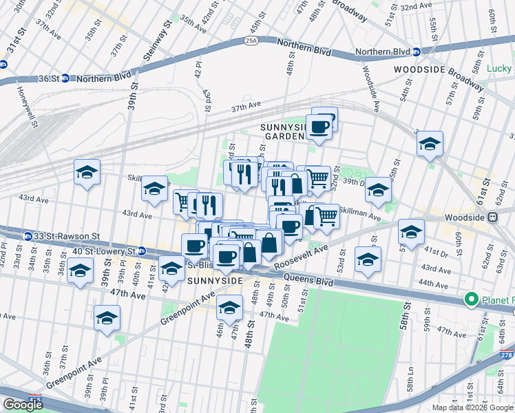 map of restaurants, bars, coffee shops, grocery stores, and more near 41-13 47th Street in Queens