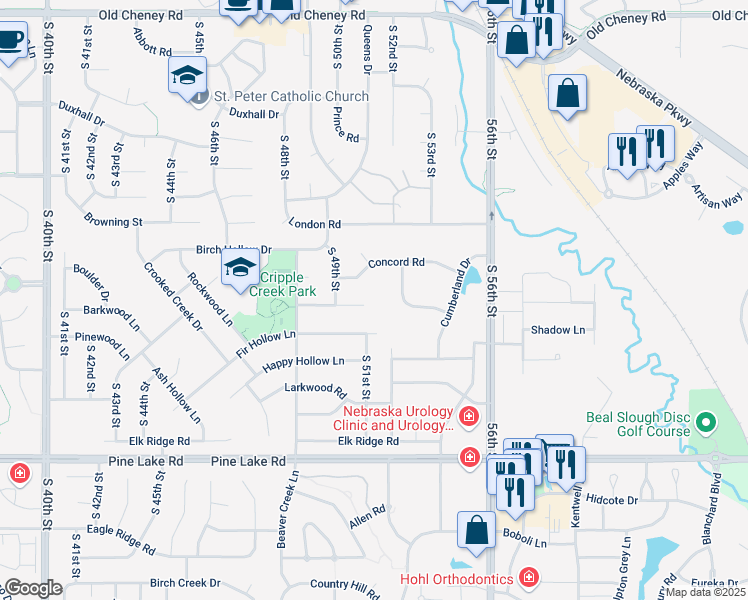 map of restaurants, bars, coffee shops, grocery stores, and more near 5120 Deer Creek Circle in Lincoln