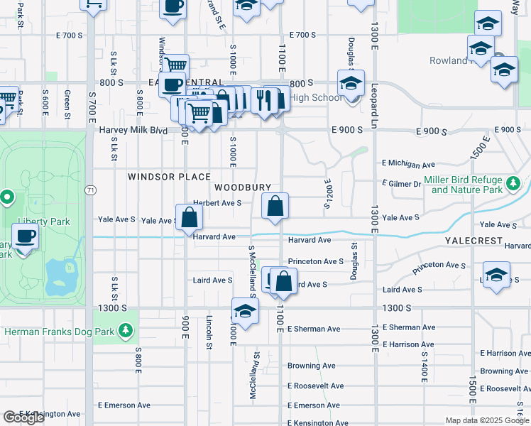 map of restaurants, bars, coffee shops, grocery stores, and more near 1061 Yale Avenue South in Salt Lake City