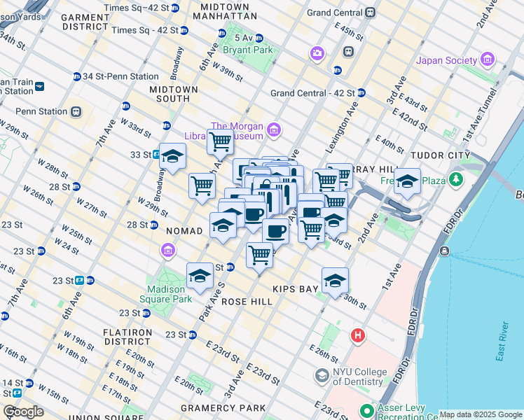 map of restaurants, bars, coffee shops, grocery stores, and more near 115 Park Avenue in New York