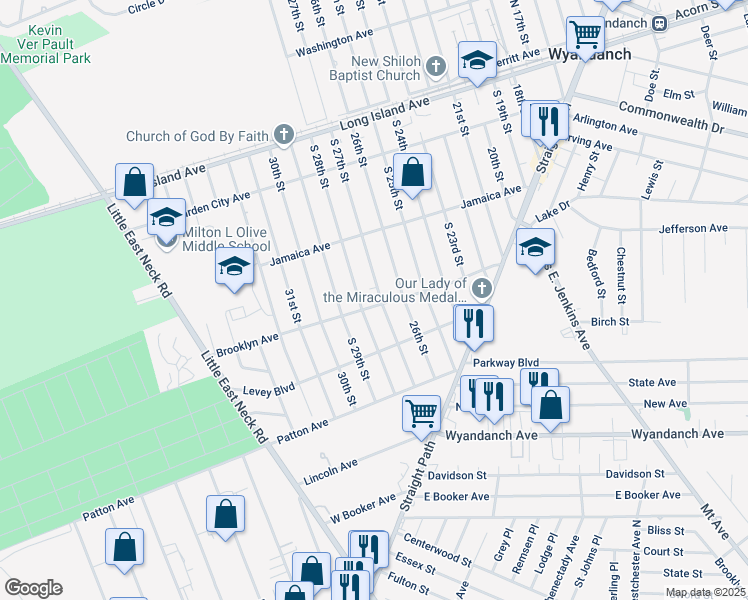map of restaurants, bars, coffee shops, grocery stores, and more near 51 Brooklyn Avenue in Wyandanch