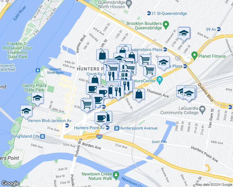 map of restaurants, bars, coffee shops, grocery stores, and more near 2131 46th Avenue in Queens