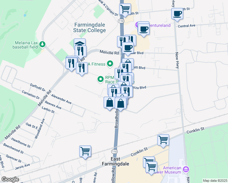 map of restaurants, bars, coffee shops, grocery stores, and more near 2040 Broadhollow Road in Farmingdale