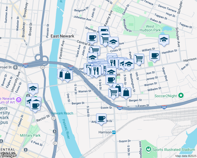 map of restaurants, bars, coffee shops, grocery stores, and more near 238 Harrison Avenue in Harrison
