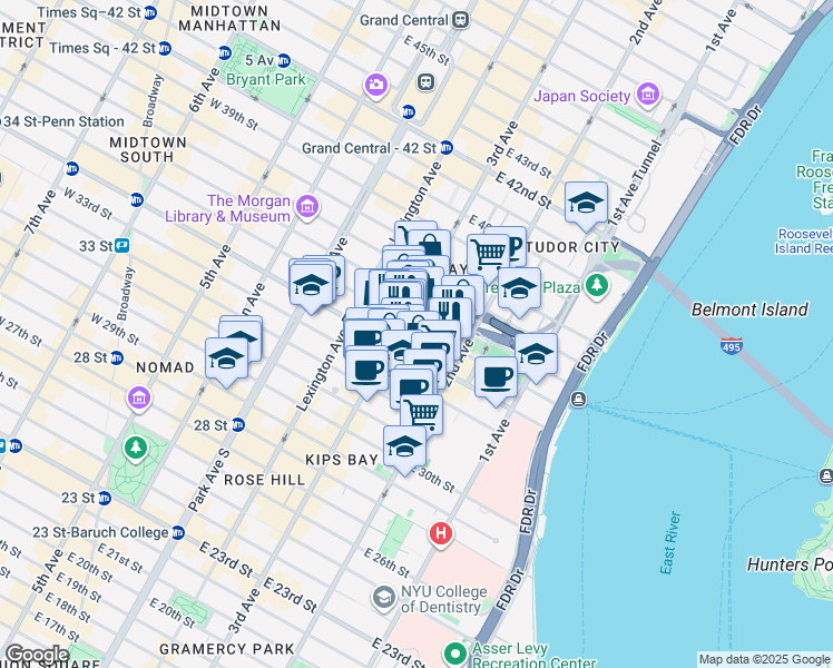 map of restaurants, bars, coffee shops, grocery stores, and more near 224 East 35th Street in New York