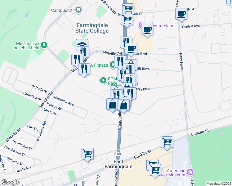 map of restaurants, bars, coffee shops, grocery stores, and more near 2040 Broadhollow Road in Farmingdale