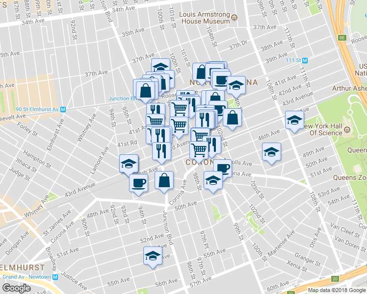 map of restaurants, bars, coffee shops, grocery stores, and more near 97-08 43rd Avenue in Queens