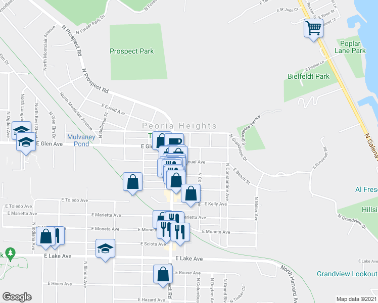 map of restaurants, bars, coffee shops, grocery stores, and more near 1320 East Glen Avenue in Peoria Heights
